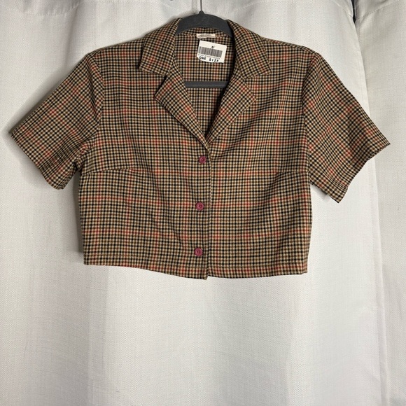 John Galt Brown by Brandy Melville Red Plaid Collared Crop Top Medium - Picture 5 of 11